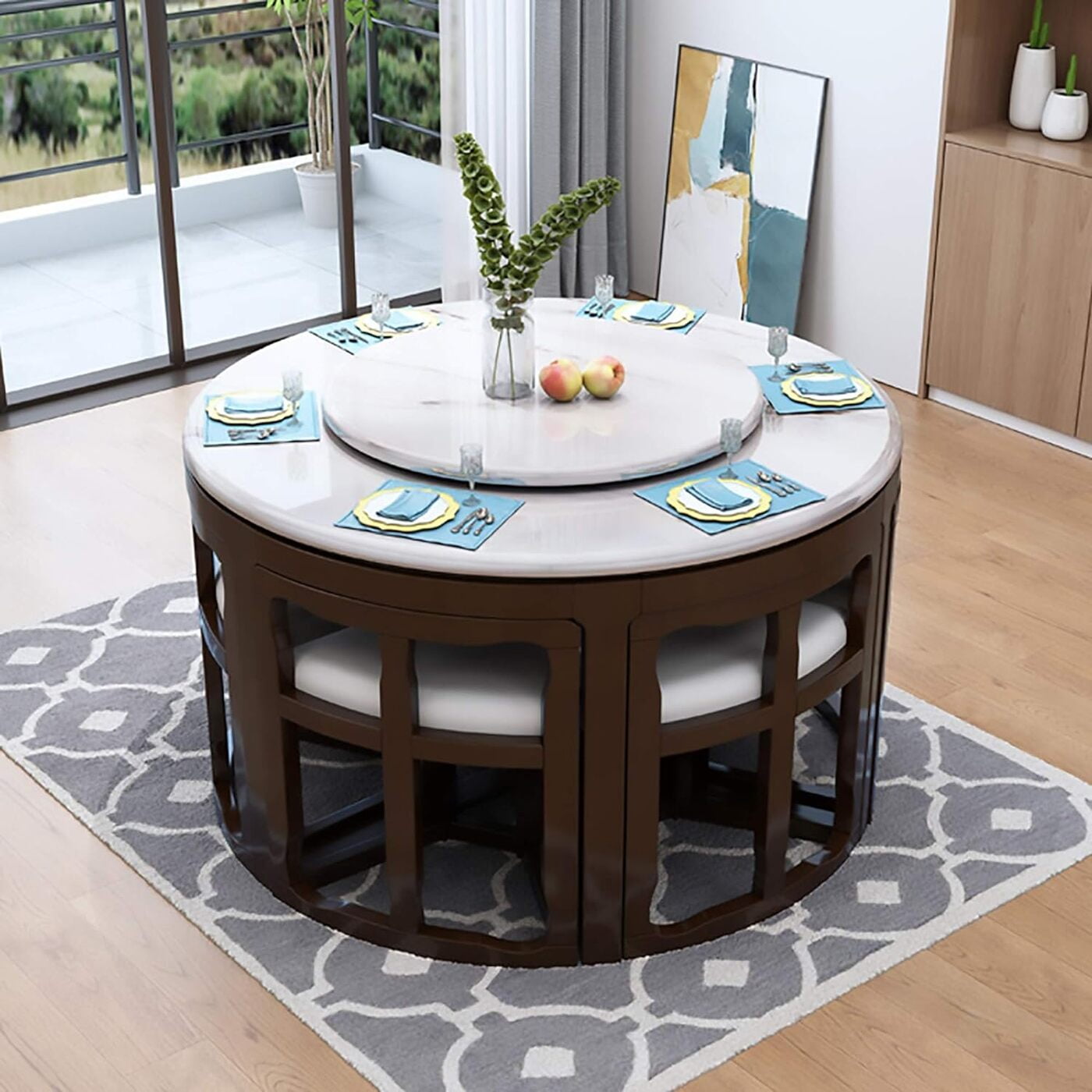 Furnlluxra 6 Seater Round Dining Table with Hidden Chairs Rotating