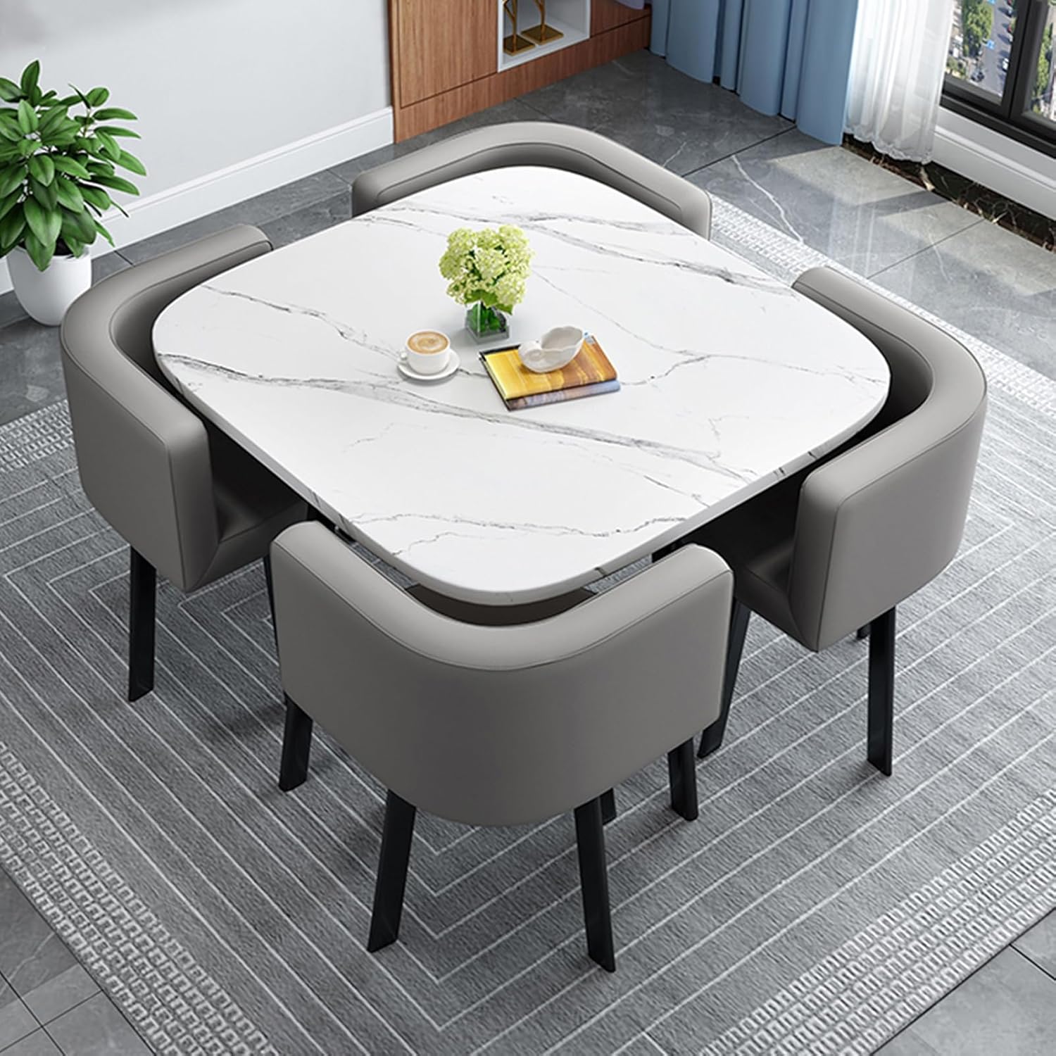 Marina Modern 4 Seater Marble-Look Dining Table Set with Padded Chairs