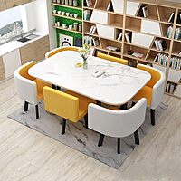 Malburn Modern 6-Seater Rectangular Dining Table Set with Curved PU Leather Chairs � Marble Finish Top