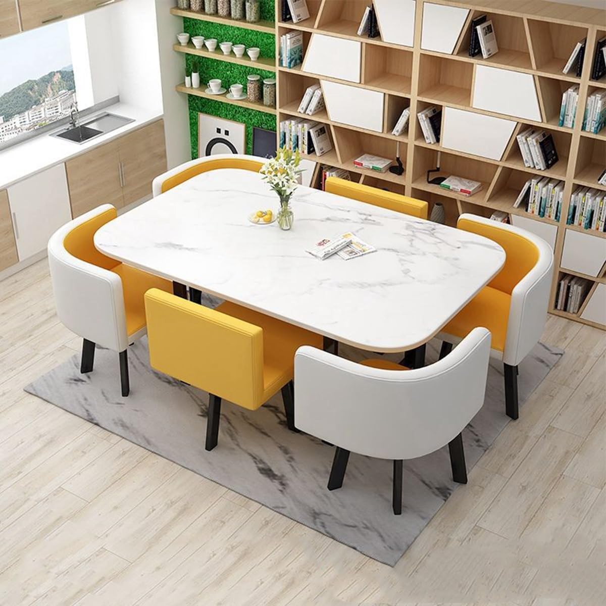 Malburn Modern 6-Seater Rectangular Dining Table Set with Curved PU Leather Chairs � Marble Finish Top