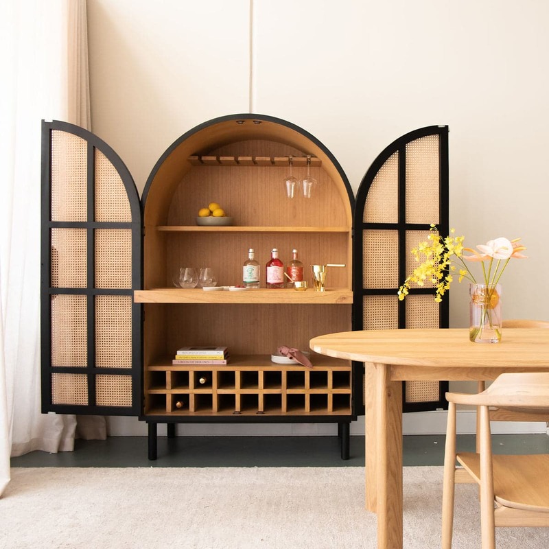 Arched Bar Cabinet with Cane Doors | Boho-Chic Wine Storage