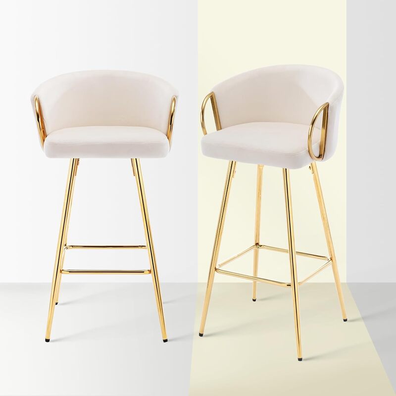 Set of 2 Modern Velvet Bar Stools with Gold Metal Legs - 39.4" Seat Height