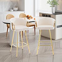 Set of 2 Modern Velvet Bar Stools with Gold Metal Legs - 39.4" Seat Height