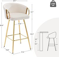 Set of 2 Modern Velvet Bar Stools with Gold Metal Legs - 39.4" Seat Height