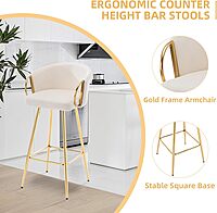 Set of 2 Modern Velvet Bar Stools with Gold Metal Legs - 39.4" Seat Height