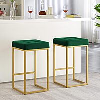 Set of 2 Emerald Green Velvet Counter Stools - 26" Gold Metal Base