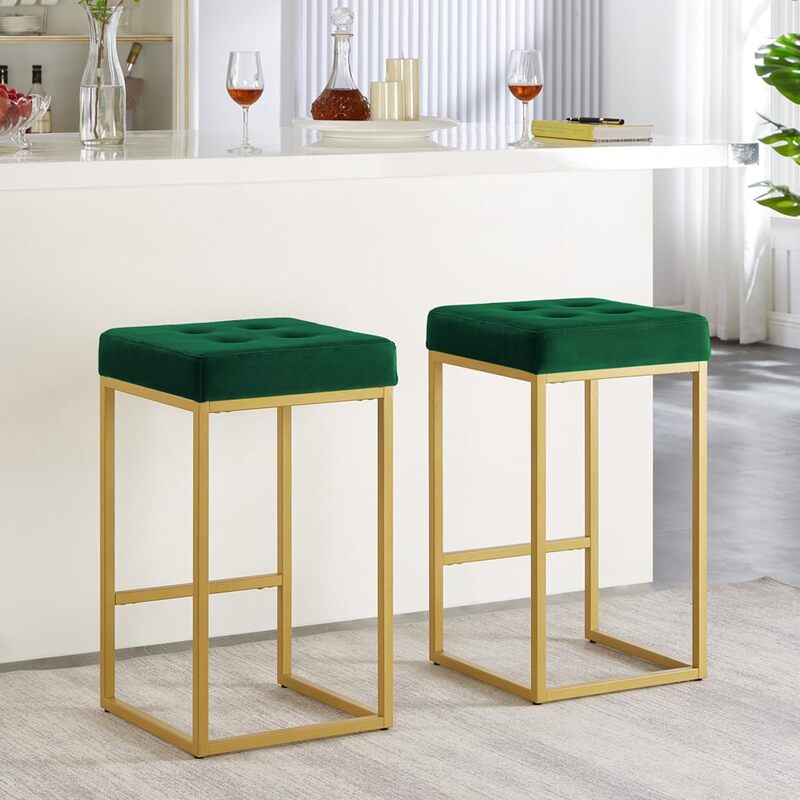 Set of 2 Emerald Green Velvet Counter Stools - 26" Gold Metal Base