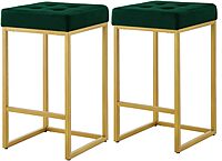 Set of 2 Emerald Green Velvet Counter Stools - 26" Gold Metal Base