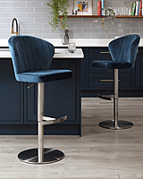 Adjustable Blue Velvet Swivel Bar Stool with Fluted Back & Brushed Steel Base