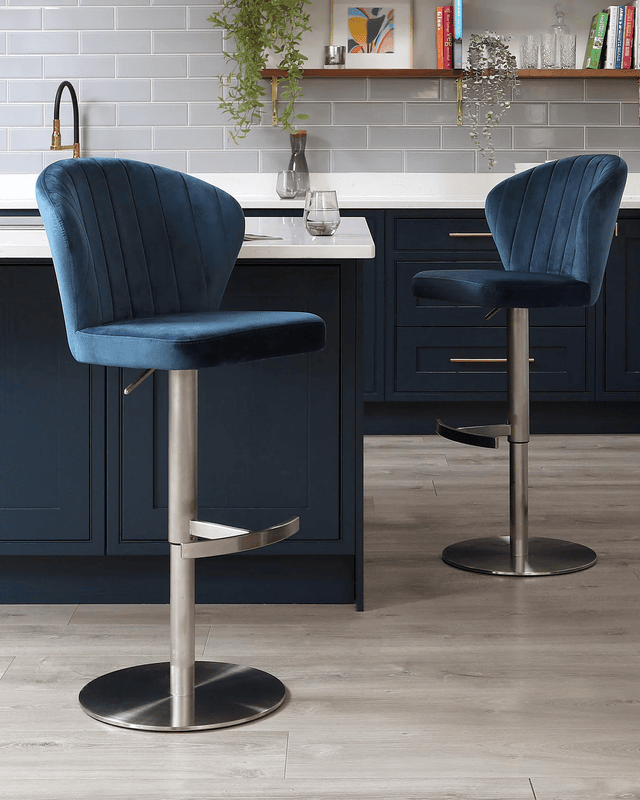 Adjustable Blue Velvet Swivel Bar Stool with Fluted Back & Brushed Steel Base