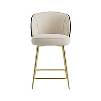 Mid-Century Modern Counter Stool with Walnut Wood Back, Cream Upholstery & Gold Legs