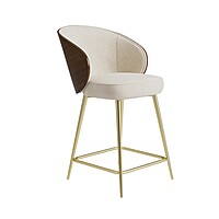 Mid-Century Modern Counter Stool with Walnut Wood Back, Cream Upholstery & Gold Legs