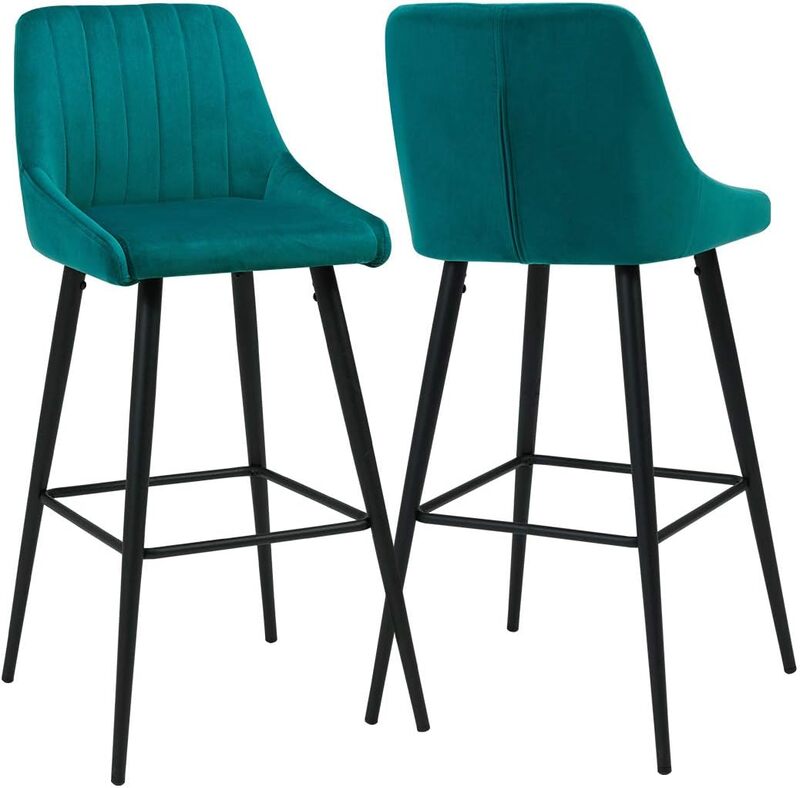 Furnlluxra Modern Teal Velvet Bar Stools with Channel Tufting & 30" Black Metal Legs