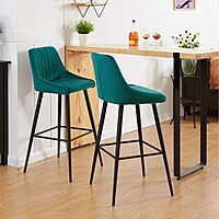 Furnlluxra Modern Teal Velvet Bar Stools with Channel Tufting & 30" Black Metal Legs