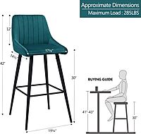 Furnlluxra Modern Teal Velvet Bar Stools with Channel Tufting & 30" Black Metal Legs