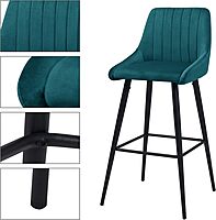 Furnlluxra Modern Teal Velvet Bar Stools with Channel Tufting & 30" Black Metal Legs