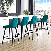Furnlluxra Modern Teal Velvet Bar Stools with Channel Tufting & 30" Black Metal Legs