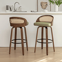 Mid-Century Modern Rattan & Wood Swivel Bar Stool - 30" Seat Height