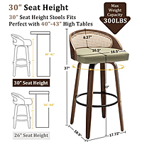 Mid-Century Modern Rattan & Wood Swivel Bar Stool - 30" Seat Height