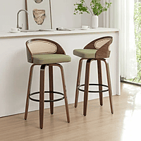 Mid-Century Modern Rattan & Wood Swivel Bar Stool - 30" Seat Height