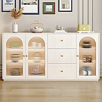 Wood Modern Crockery Cabinet and Sideboard Credenza with Glass Doors and Adjustable Shelves