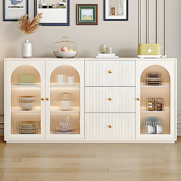 Wood Modern Crockery Cabinet and Sideboard Credenza with Glass Doors and Adjustable Shelves