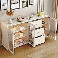 Wood Modern Crockery Cabinet and Sideboard Credenza with Glass Doors and Adjustable Shelves