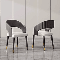 Modern Curved Back Dining Chair with Gold-Tipped Legs � Grey & White Upholstery