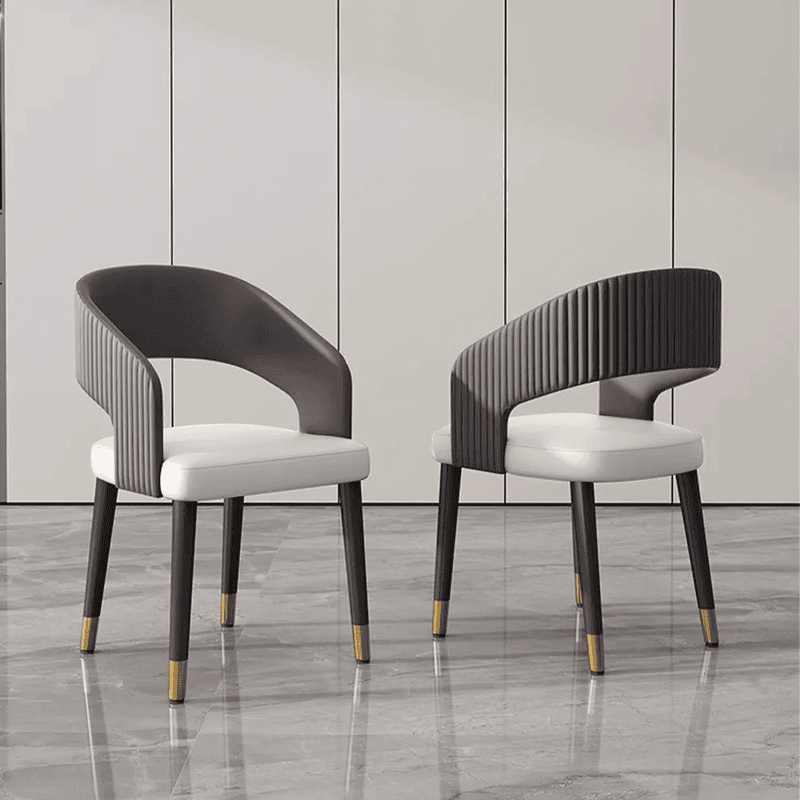 Modern Curved Back Dining Chair with Gold-Tipped Legs � Grey & White Upholstery