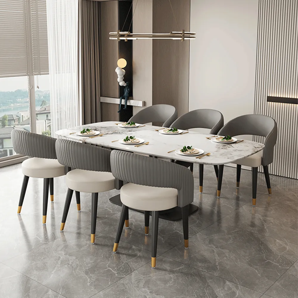 Modern Curved Back Dining Chair with Gold-Tipped Legs � Grey & White Upholstery