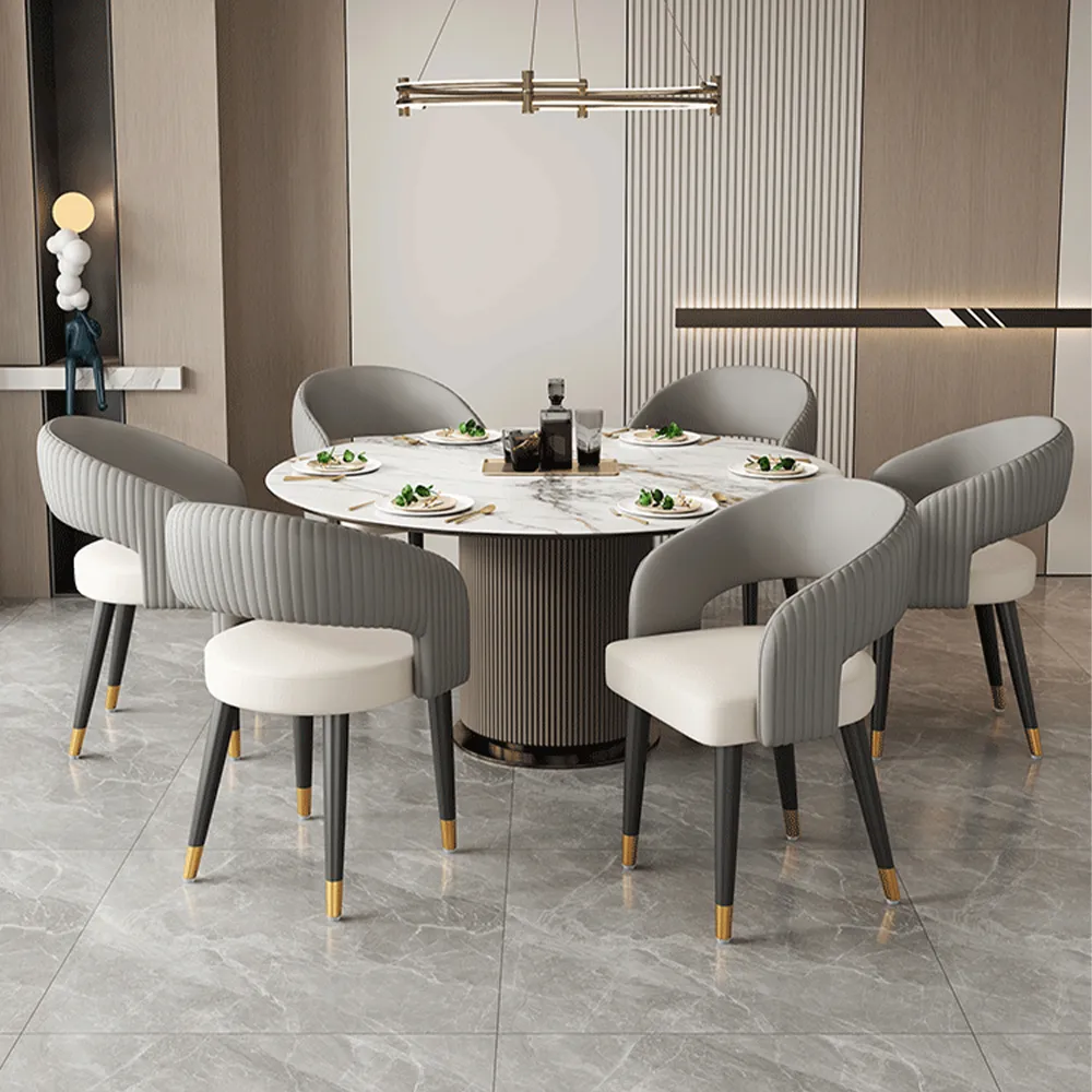 Modern Curved Back Dining Chair with Gold-Tipped Legs � Grey & White Upholstery