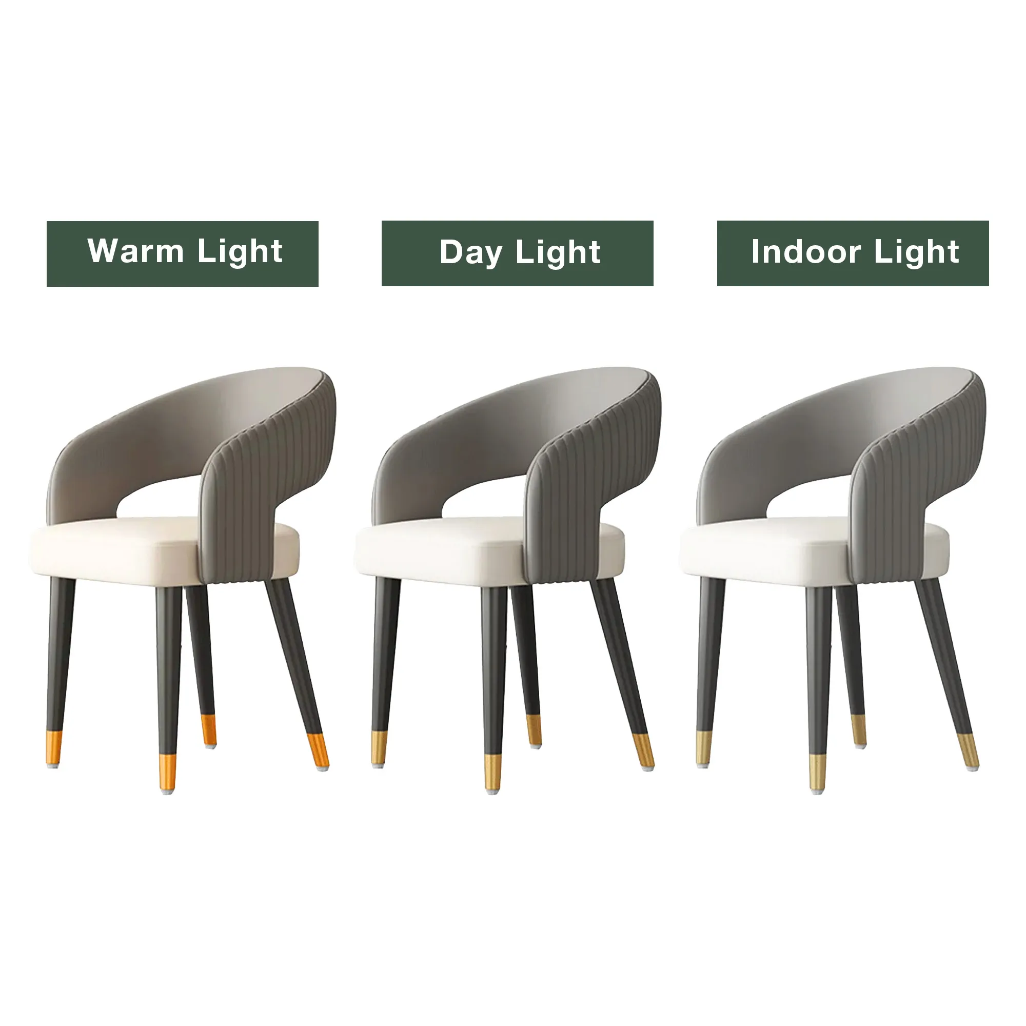 Modern Curved Back Dining Chair with Gold-Tipped Legs � Grey & White Upholstery