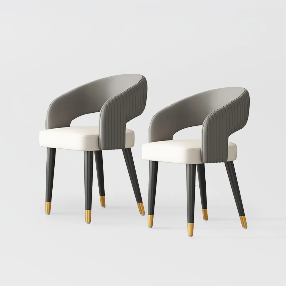 Modern Curved Back Dining Chair with Gold-Tipped Legs � Grey & White Upholstery