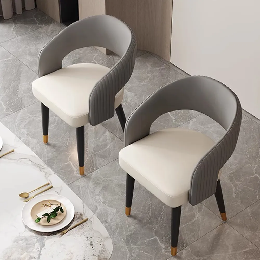 Modern Curved Back Dining Chair with Gold-Tipped Legs � Grey & White Upholstery