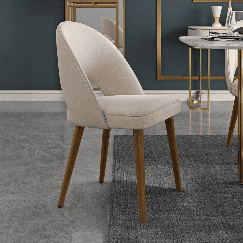 Elegant Curved-Back Dining Chair with Wooden Legs � Beige Upholstery