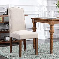 Set of 2 Upholstered Dining Chairs with Nailhead Trim � Beige Linen Fabric and Solid Wood Legs