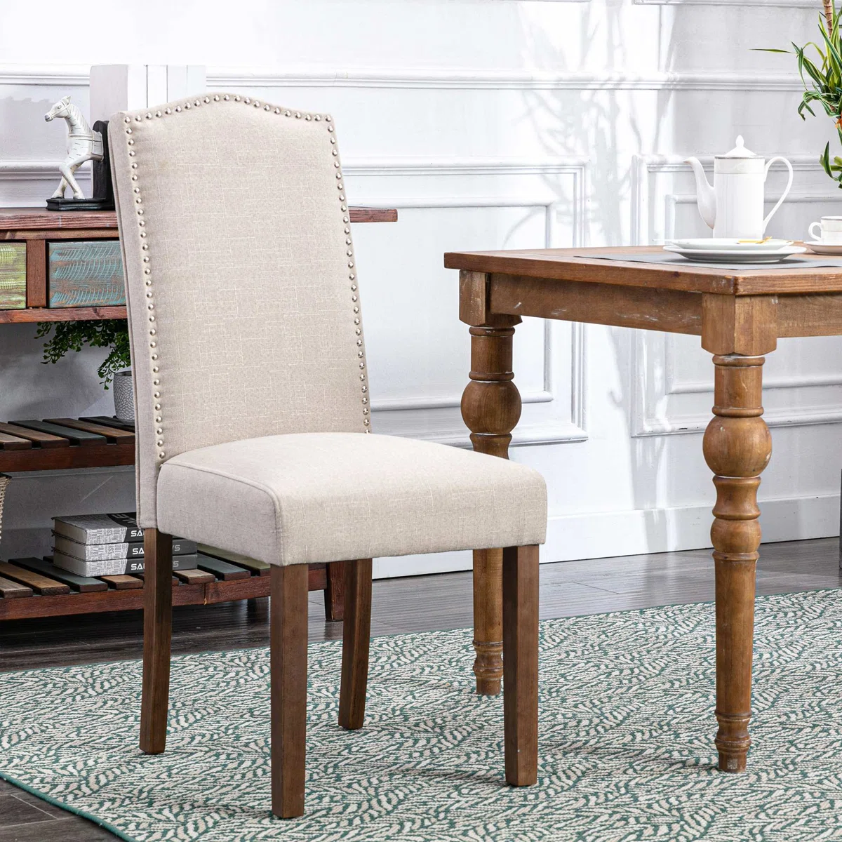 Set of 2 Upholstered Dining Chairs with Nailhead Trim � Beige Linen Fabric and Solid Wood Legs
