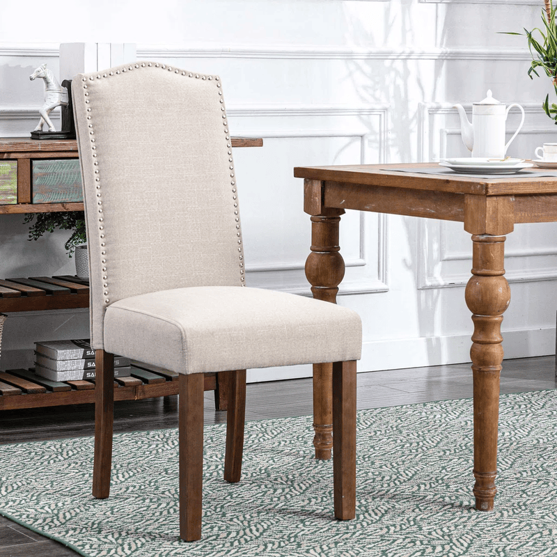 Set of 2 Upholstered Dining Chairs with Nailhead Trim � Beige Linen Fabric and Solid Wood Legs