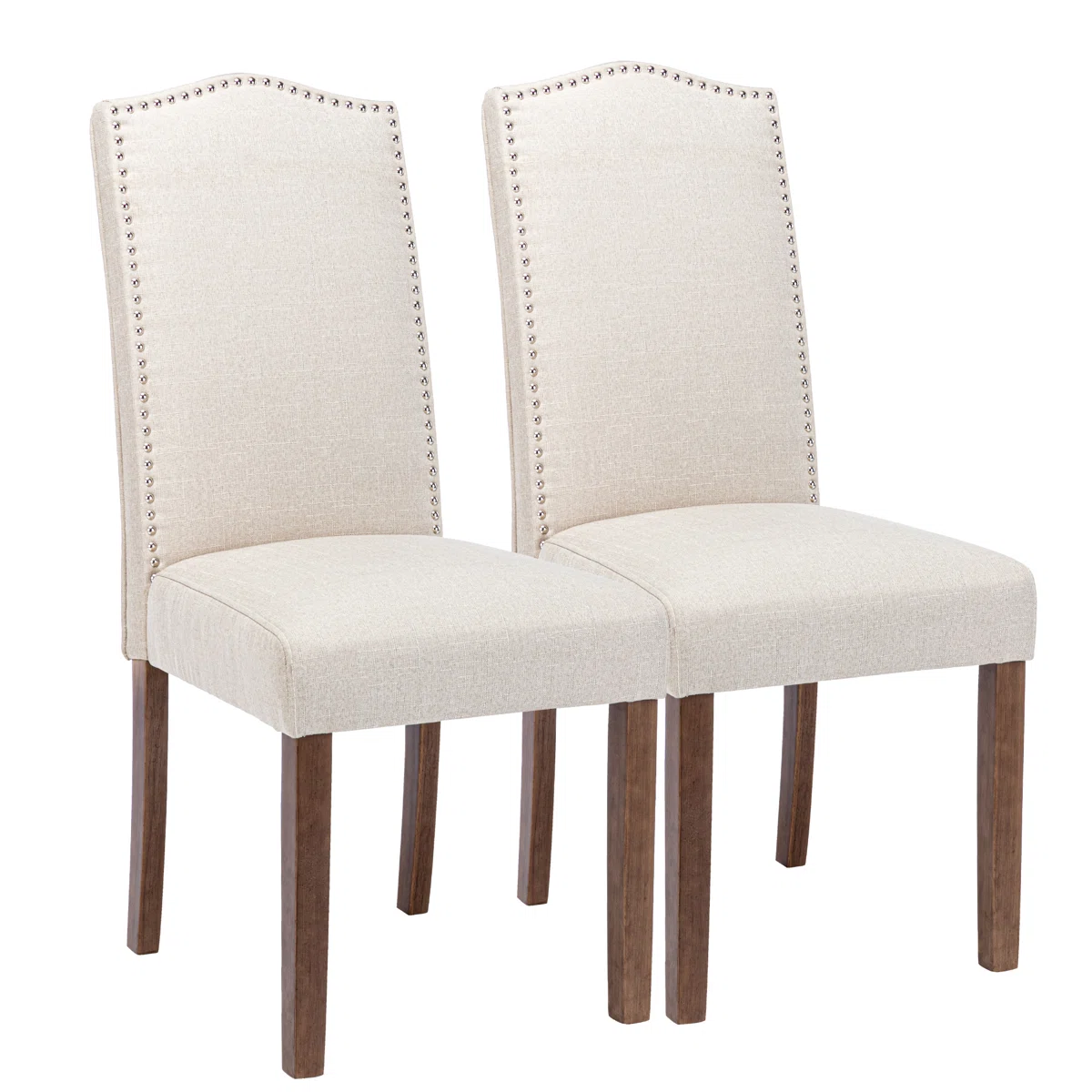 Set of 2 Upholstered Dining Chairs with Nailhead Trim � Beige Linen Fabric and Solid Wood Legs