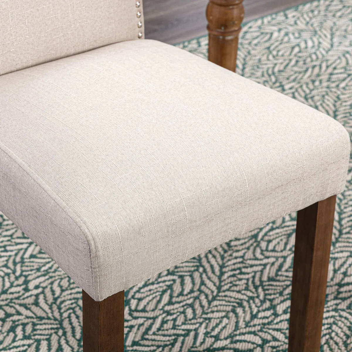 Set of 2 Upholstered Dining Chairs with Nailhead Trim � Beige Linen Fabric and Solid Wood Legs