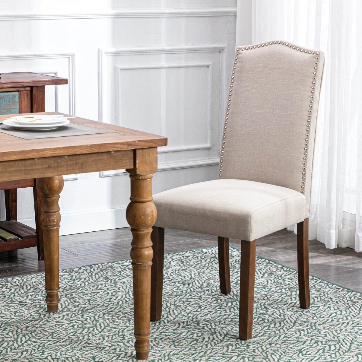 Set of 2 Upholstered Dining Chairs with Nailhead Trim � Beige Linen Fabric and Solid Wood Legs