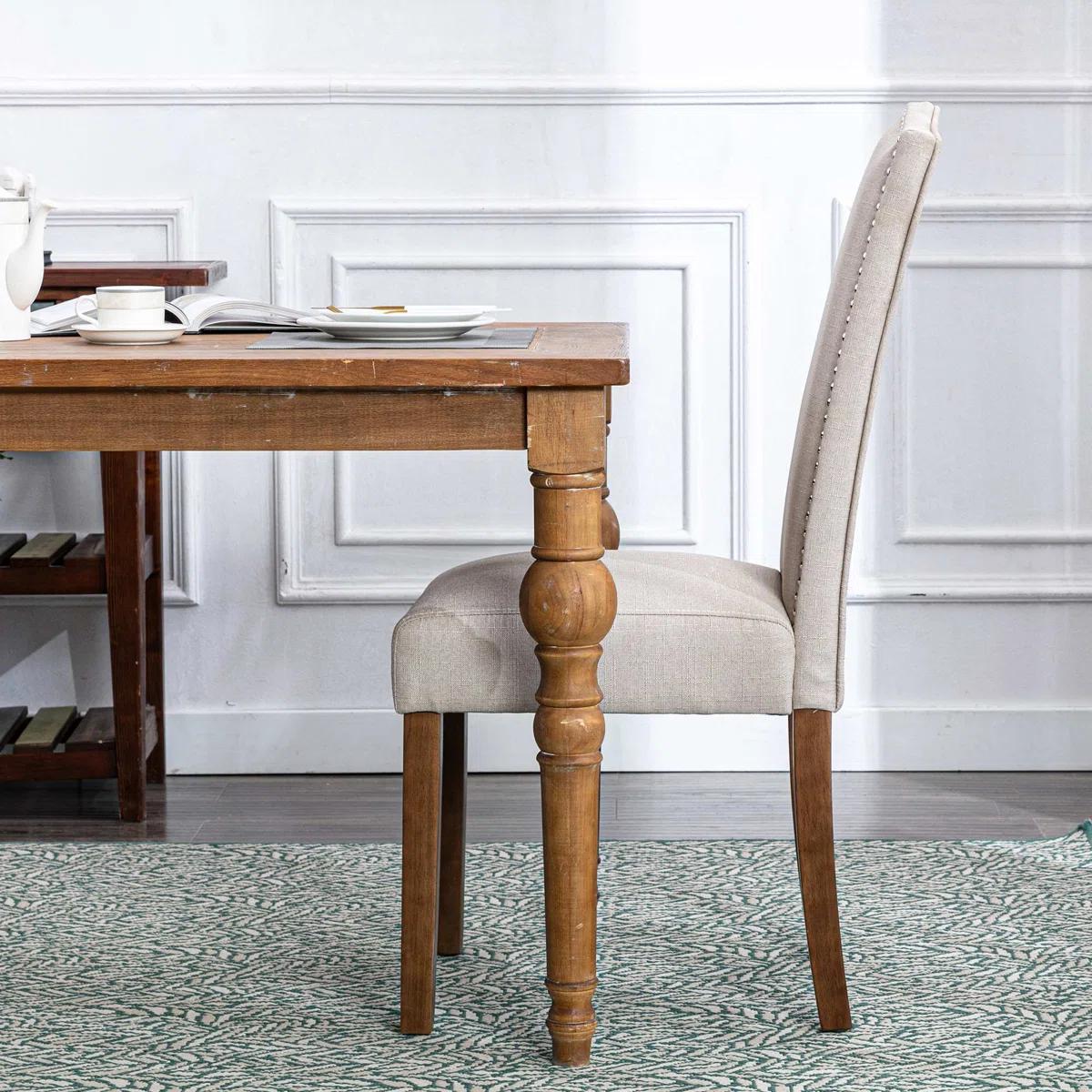 Set of 2 Upholstered Dining Chairs with Nailhead Trim � Beige Linen Fabric and Solid Wood Legs