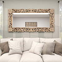 Exquisitely Carved Mango Wood Wall Mirror, Floral Design, Light Brown