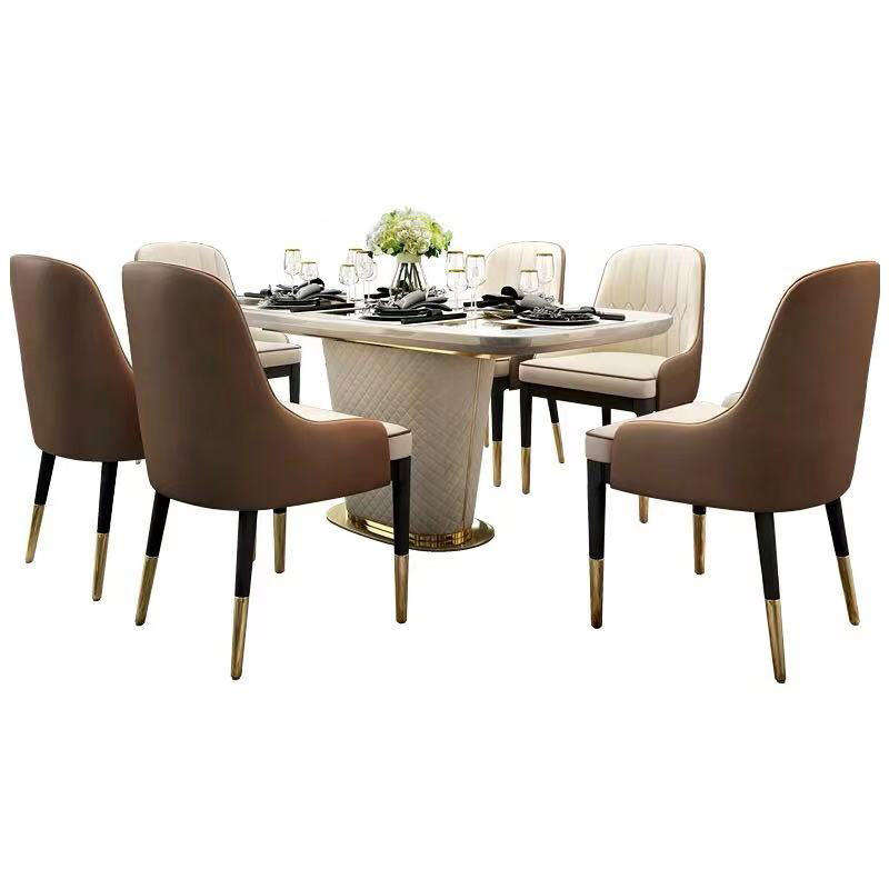 Gulmarg Modern 63" Marble Rectangular Pedestal Dining Table PU Leather & Stainless Steel in Gold