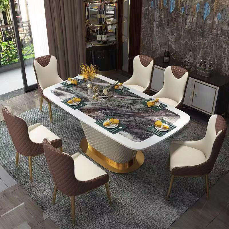 Gulmarg Modern 63" Marble Rectangular Pedestal Dining Table PU Leather & Stainless Steel in Gold