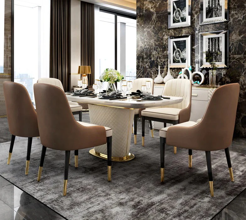 Gulmarg Modern 63" Marble Rectangular Pedestal Dining Table PU Leather & Stainless Steel in Gold