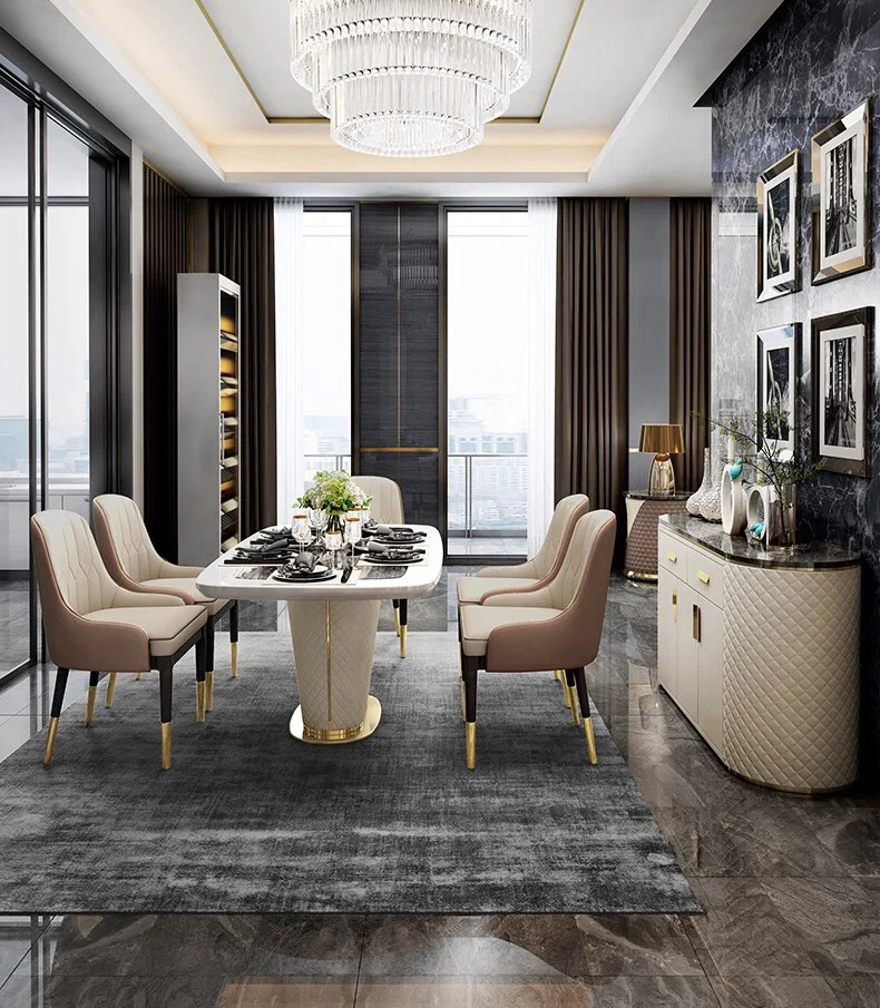 Gulmarg Modern 63" Marble Rectangular Pedestal Dining Table PU Leather & Stainless Steel in Gold