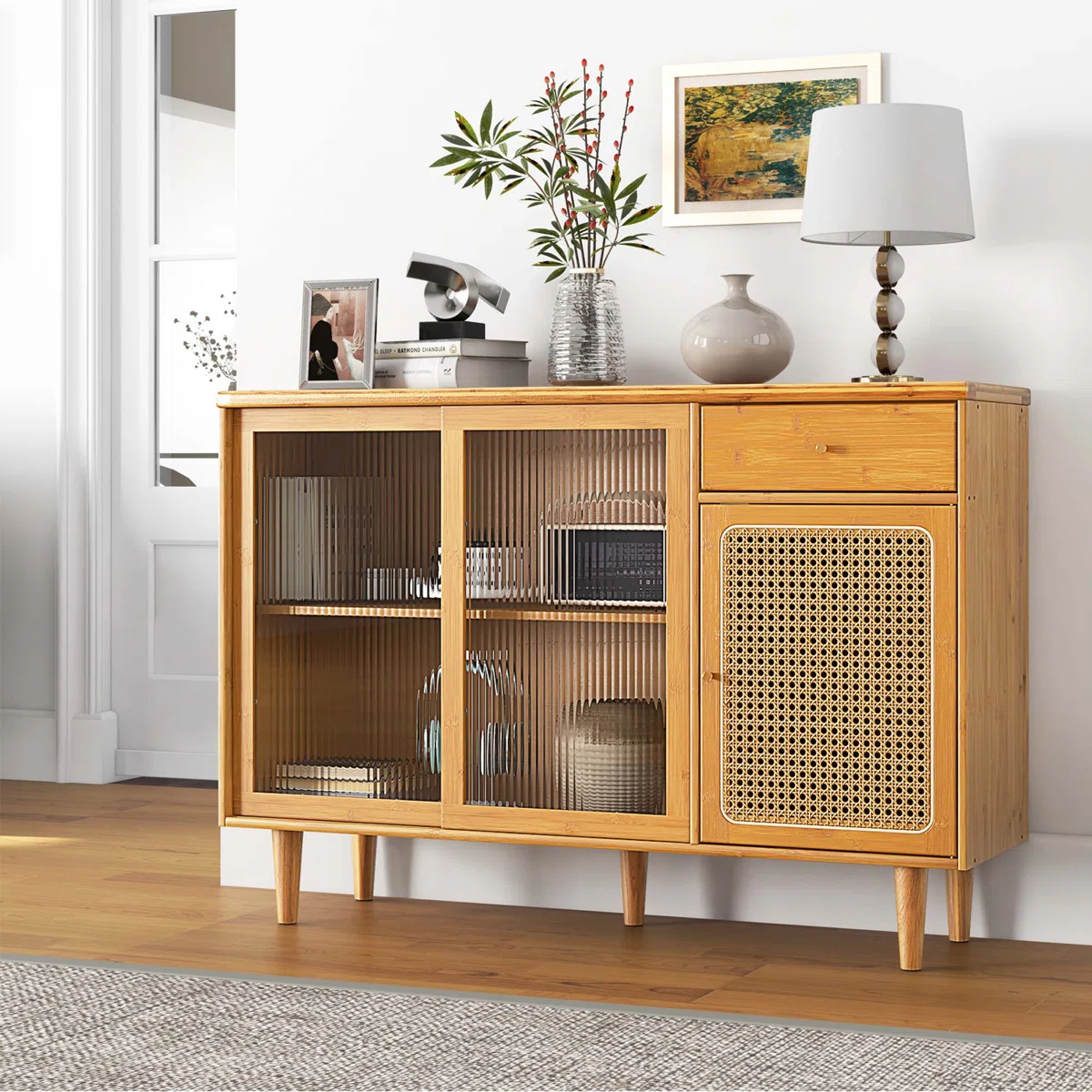 Natural Wooden Sideboard Cabinet with Glass Sliding Doors & Rattan Storage � Mid-Century Modern Buffet Console