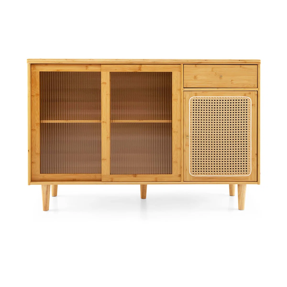Natural Wooden Sideboard Cabinet with Glass Sliding Doors & Rattan Storage � Mid-Century Modern Buffet Console