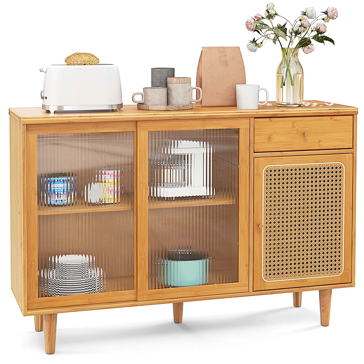 Natural Wooden Sideboard Cabinet with Glass Sliding Doors & Rattan Storage � Mid-Century Modern Buffet Console